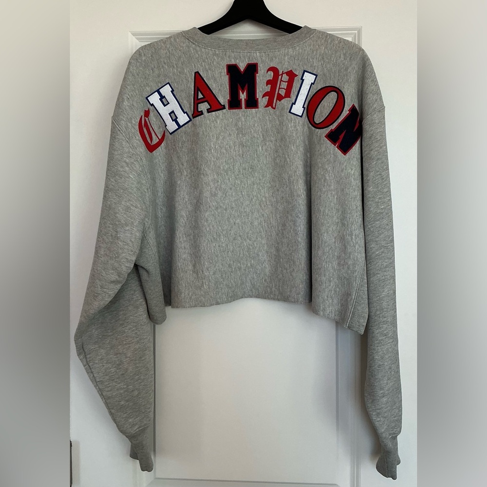 Champion Gray Cropped Sweatshirt with Red and Blue Logo